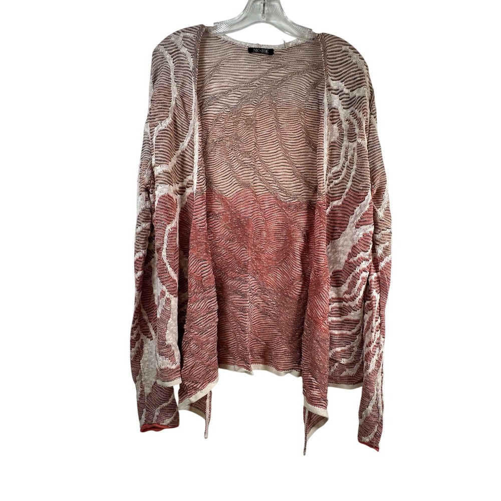 NIC+ZOE Womens Open Front Cardigan Abstract Wave Knit Dusty Rose Cream
